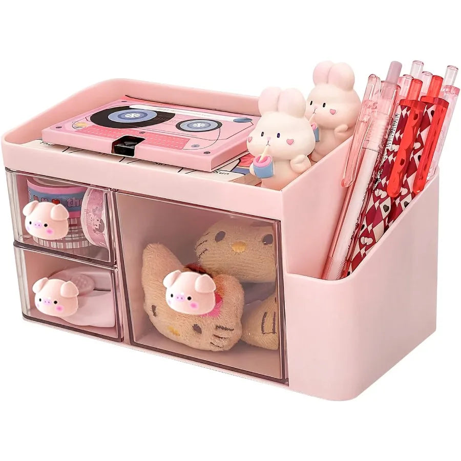 Desk Organizer with 3 Drawe Cute Desktop Stationery Organizer Plastic Makeup Storage Box Multifutiol Desk Accessories Tidy Cadd