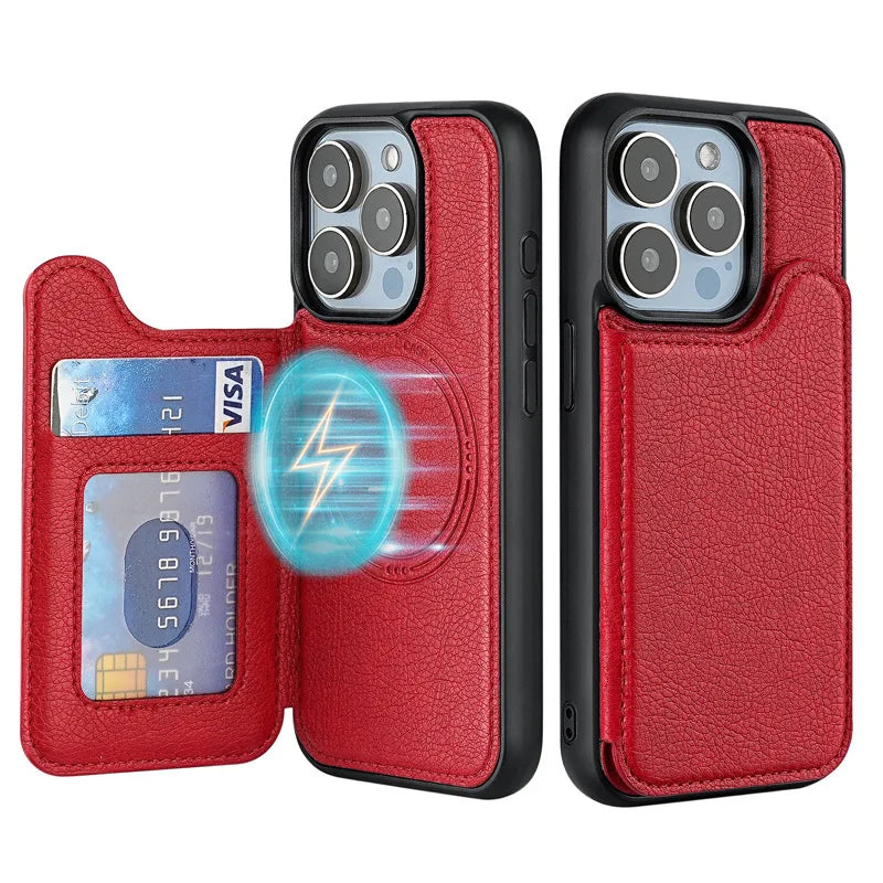 For Magsafe Magnetic Flip Leather Wallet Card Holder Phone Case for IPhone 17 Air 16 15 Plus 14 13 12 Pro Max Protective Cover