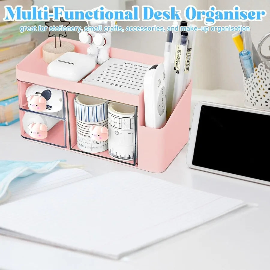 Desk Organizer with 3 Drawe Cute Desktop Stationery Organizer Plastic Makeup Storage Box Multifutiol Desk Accessories Tidy Cadd