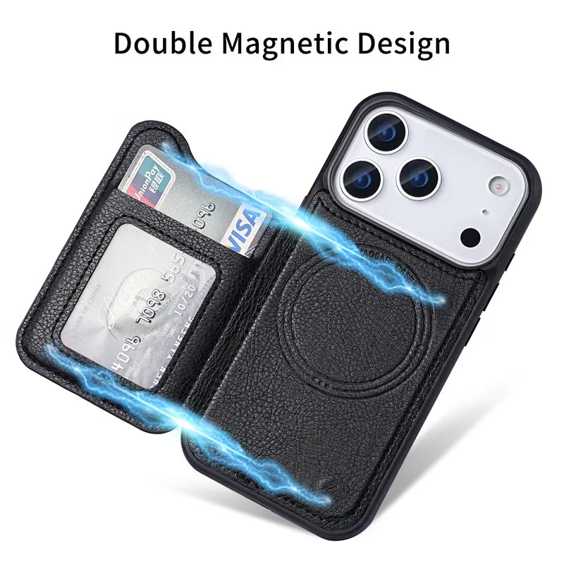 For Magsafe Magnetic Flip Leather Wallet Card Holder Phone Case for IPhone 17 Air 16 15 Plus 14 13 12 Pro Max Protective Cover